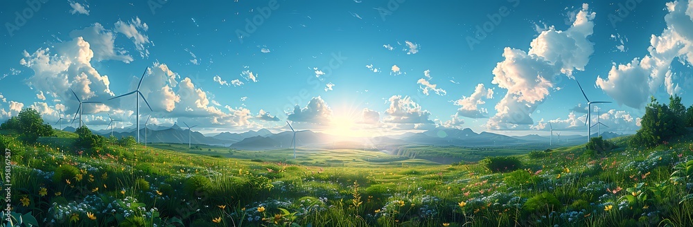 Obraz premium Sunrise Over Green Fields with Wind Turbines