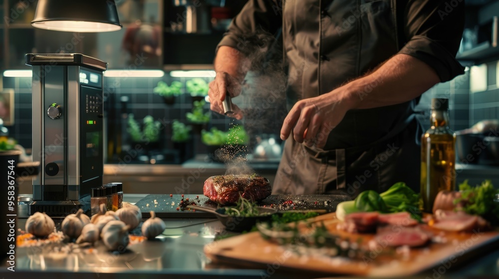 Show a modern kitchen with a chef using an advanced sous-vide machine to prepare a perfectly cooked steak, surrounded by fresh herbs and seasonings. Show a modern kitchen with a chef using an advanced sous-vide machine to prepare a perfectly cooked steak, surrounded by fresh herbs and seasonings.