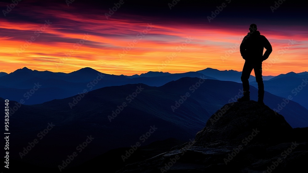 Silhouette of a person standing on a rock, overlooking a stunning sunset in the mountains, symbolizing adventure and freedom. Silhouette of a person standing on a rock, overlooking a stunning sunset in the mountains, symbolizing adventure and freedom.
