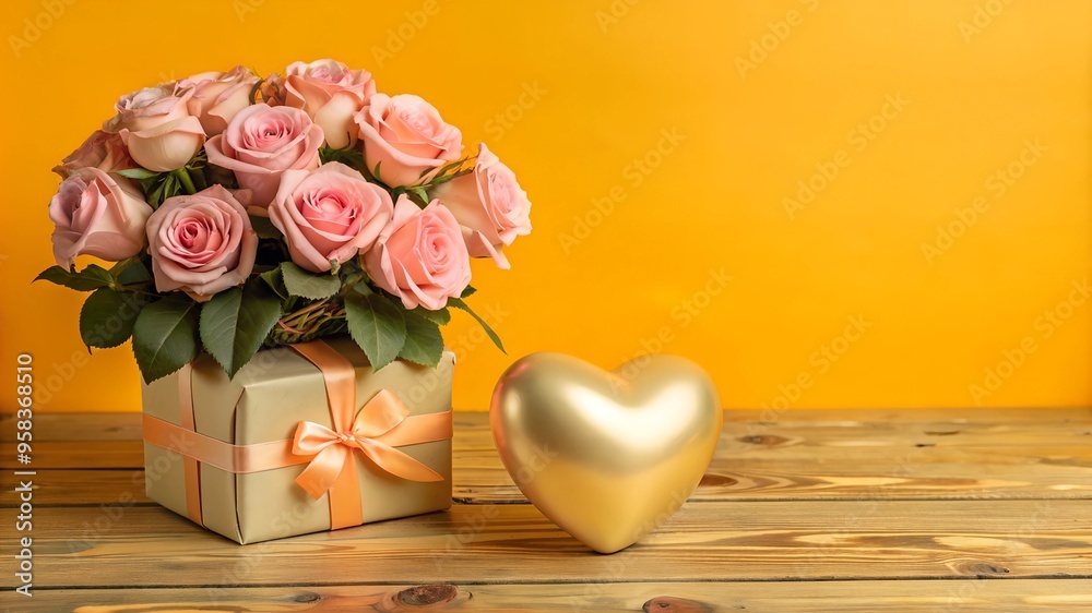 Romantic Valentine's Day Setup: Gift Box on Wooden Floor with Pink Roses Ideal for Valentine's Day Promotions, Greeting Card Designs, or Romantic Decor Features. Romantic Valentine's Day Setup: Gift Box on Wooden Floor with Pink Roses Ideal for Valentine's Day Promotions, Greeting Card Designs, or Romantic Decor Features.