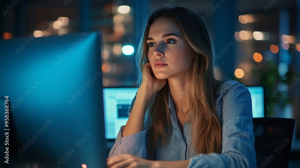 Young woman working intently at a computer in a dimly lit office with city lights at night