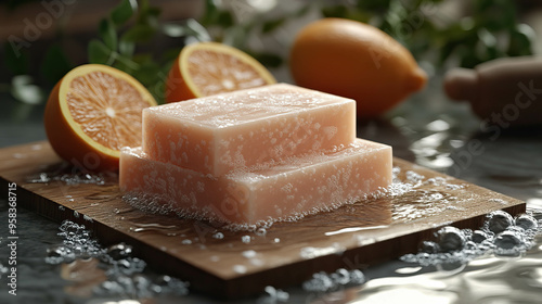 Handmade soap bars with seed flecks lie against the serene sunlight, evoking a sense of relaxation and freshness.