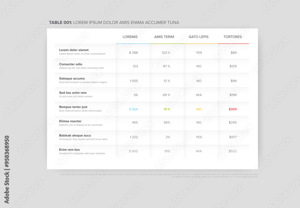 Simple flat color data table layout templatewith light shadows