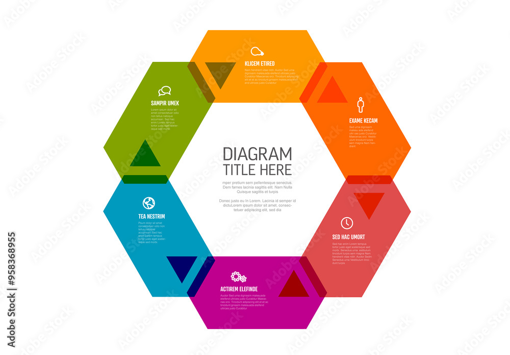 Color cycle infographic template made from six hexagons with arrows