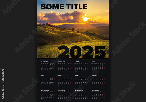 Dark vertical calendar template for the year 2025 with big photo placeholder