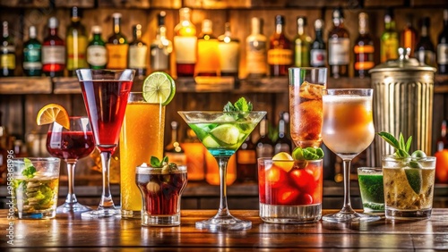 Variety of different alcohol cocktails on a bar table , cocktails, beer, martini, soda, champagne, whiskey, mixed drinks