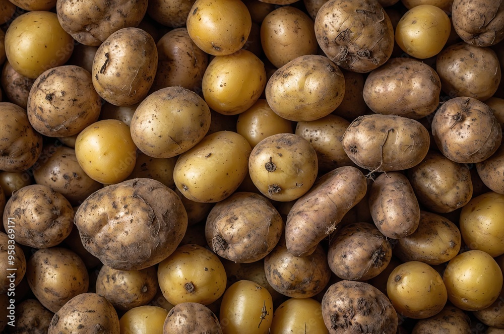 Pile of potatoes, various sizes and shapes, some with dirt or skin blemishes, on a dark background Pile of potatoes, various sizes and shapes, some with dirt or skin blemishes, on a dark background