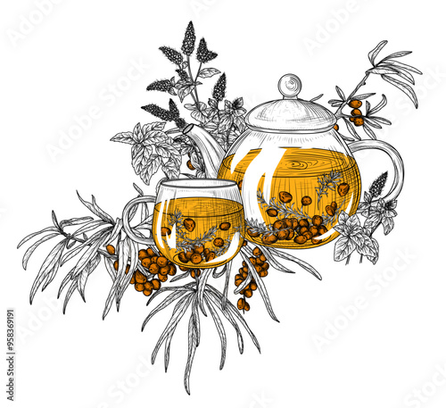 Vector illustration sea buckthorn tea. Cup, teapot, sea buckthorn branches and berries, rosemary, mint. Warming autumn drink