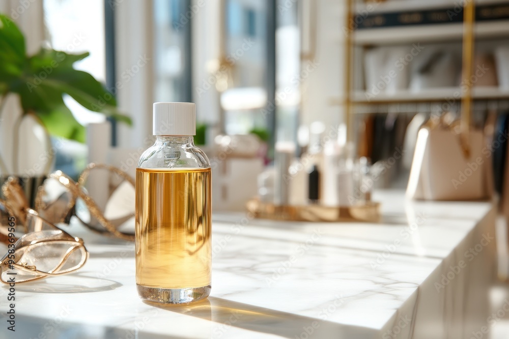 A glass bottle with golden liquid on a stylish counter, surrounded by accessories and products. A glass bottle with golden liquid on a stylish counter, surrounded by accessories and products.