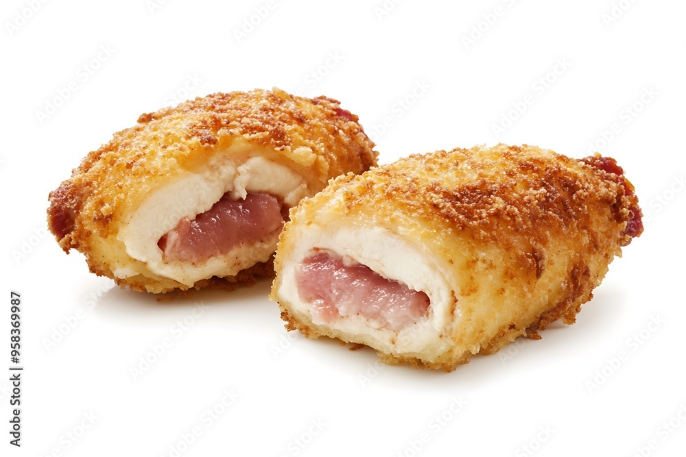 Close-up of Two Crispy Fried Chicken Cordon Bleu Rolls. Close-up of Two Crispy Fried Chicken Cordon Bleu Rolls.