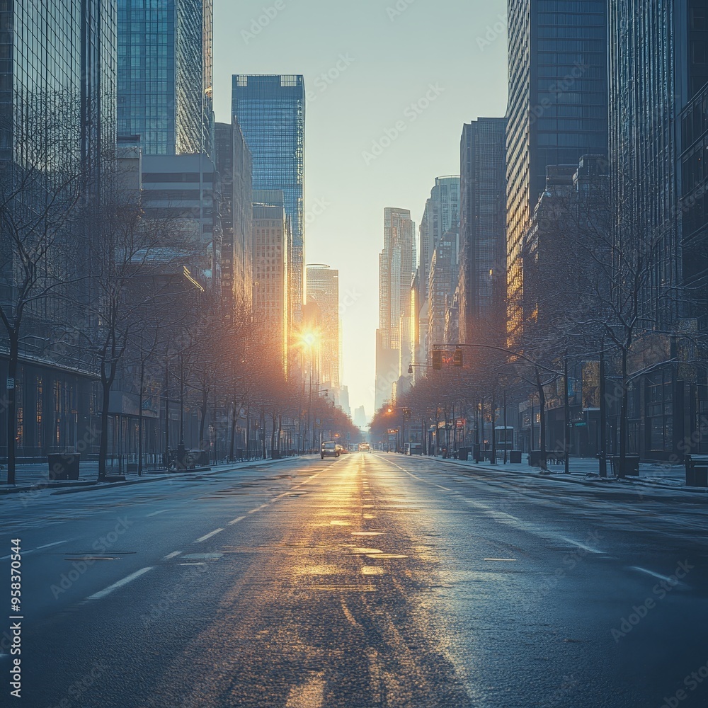 Pristine Empty Road Through Modern Cityscape at Morning Light Pristine Empty Road Through Modern Cityscape at Morning Light