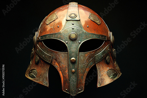medieval helmet with a cross-shaped front and ornate details, made of weathered metal with a brownish hue