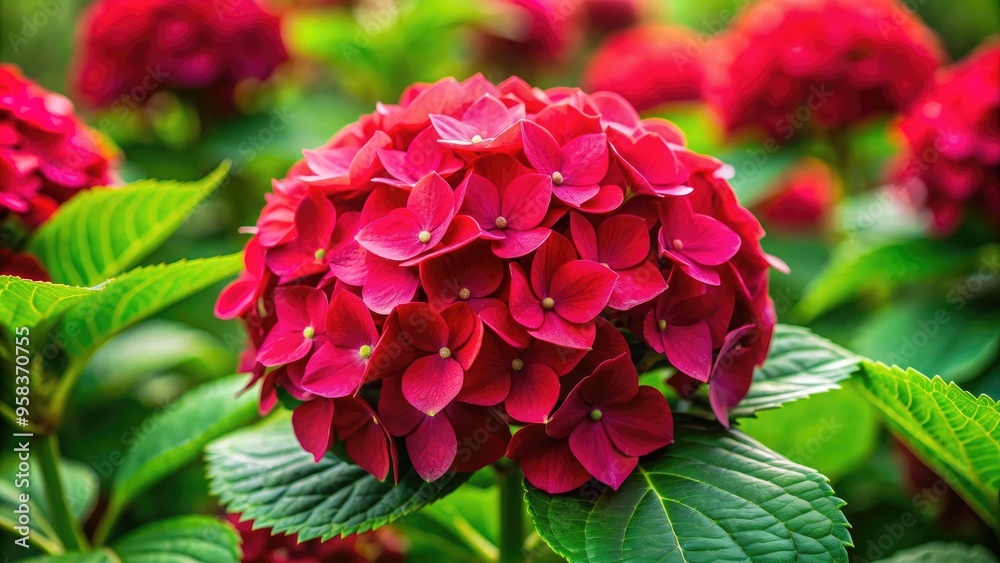 Fototapeta premium Vibrant red hydrangea flower in full bloom, red, hydrangea, flower, vibrant, bloom, garden, nature, plant, summer, blooming