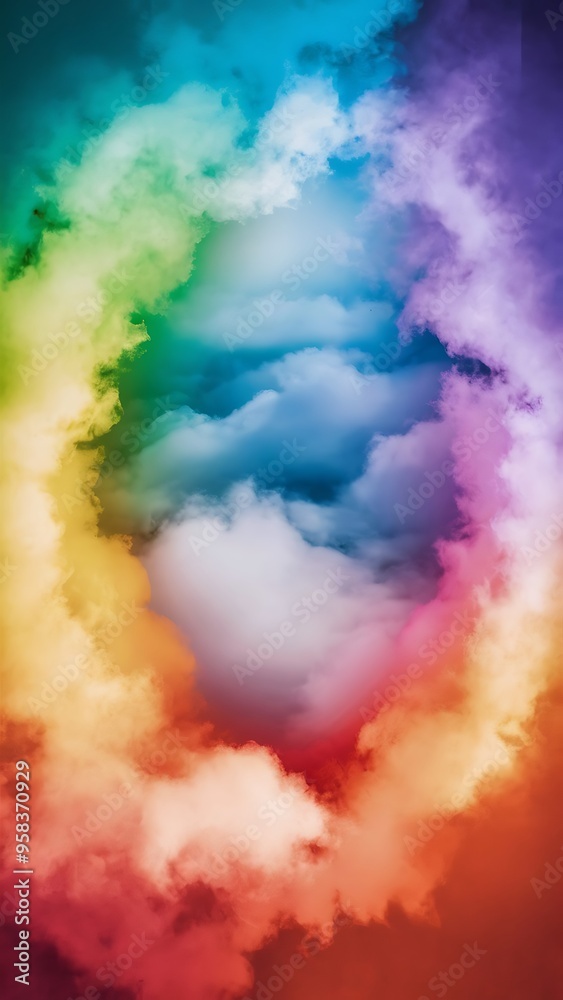 Fog and clouds on a colorful rainbow blue to orange gradient. Image displays a pleasing paper grain and texture Fog and clouds on a colorful rainbow blue to orange gradient. Image displays a pleasing paper grain and texture