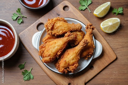 Crispy fried chicken drumsticks on a plate, served with a side of dipping sauce and fresh greens