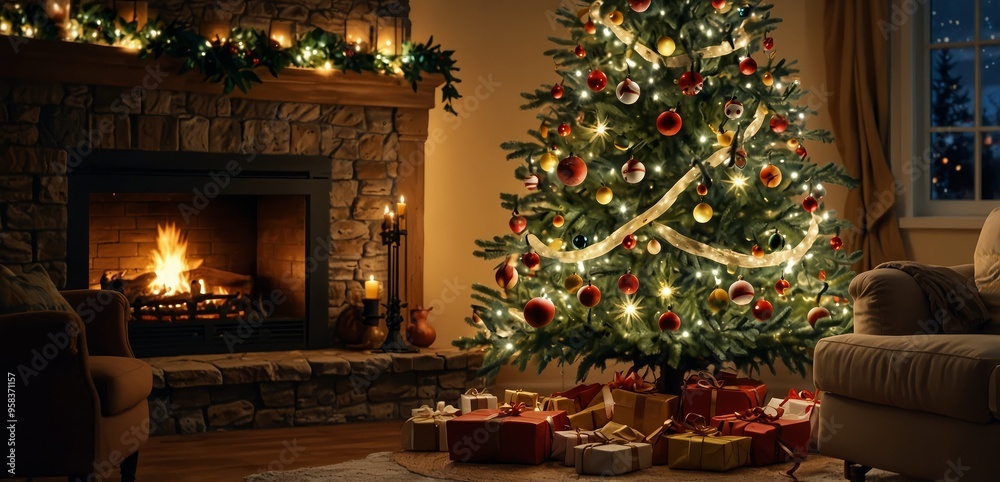 Christmas Tree with Decorations Near a Fireplace with Lights Christmas Tree with Decorations Near a Fireplace with Lights