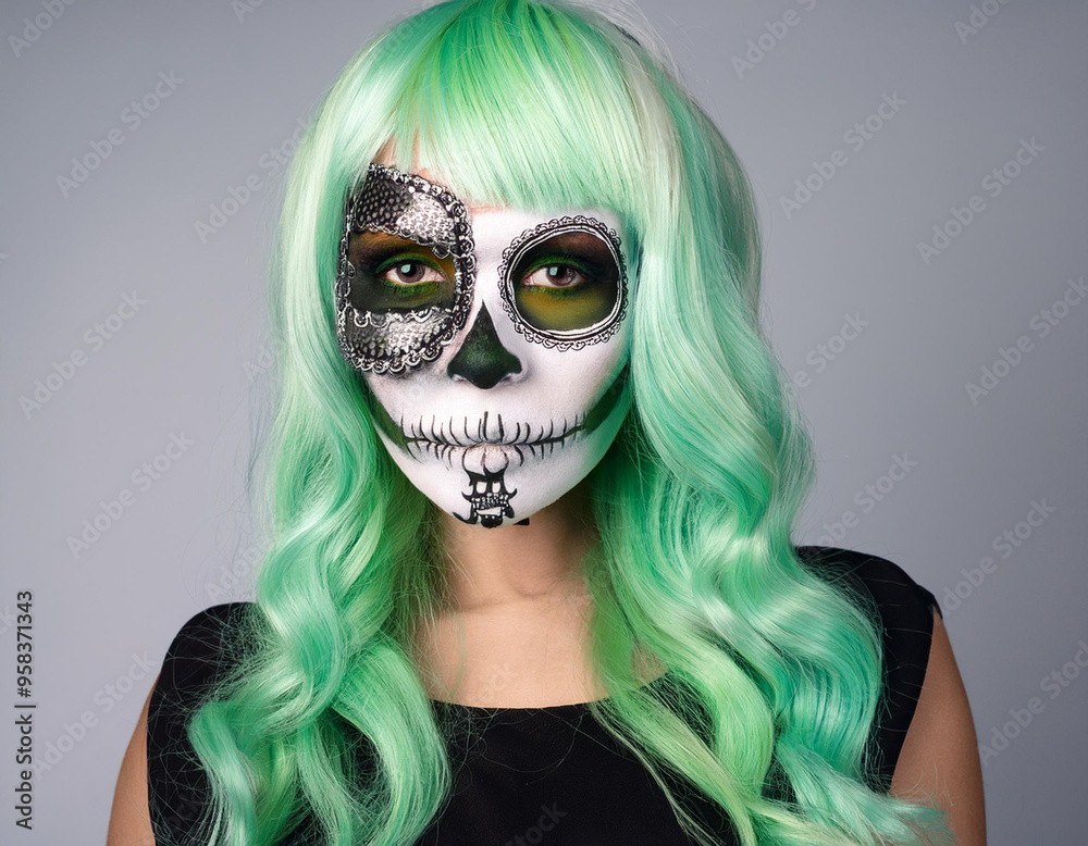 Portrait of Woman Wearing Skull and Bone Mask for Halloween or Día de los Muertos Celebration Portrait of Woman Wearing Skull and Bone Mask for Halloween or Día de los Muertos Celebration