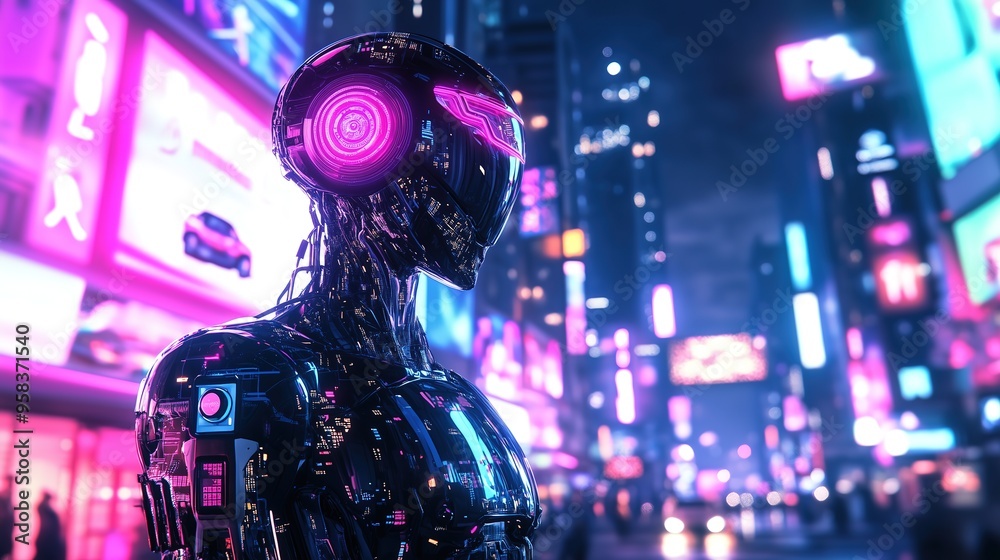Futuristic robot with neon lights in a vibrant cityscape at night, showcasing advanced technology. Futuristic robot with neon lights in a vibrant cityscape at night, showcasing advanced technology.