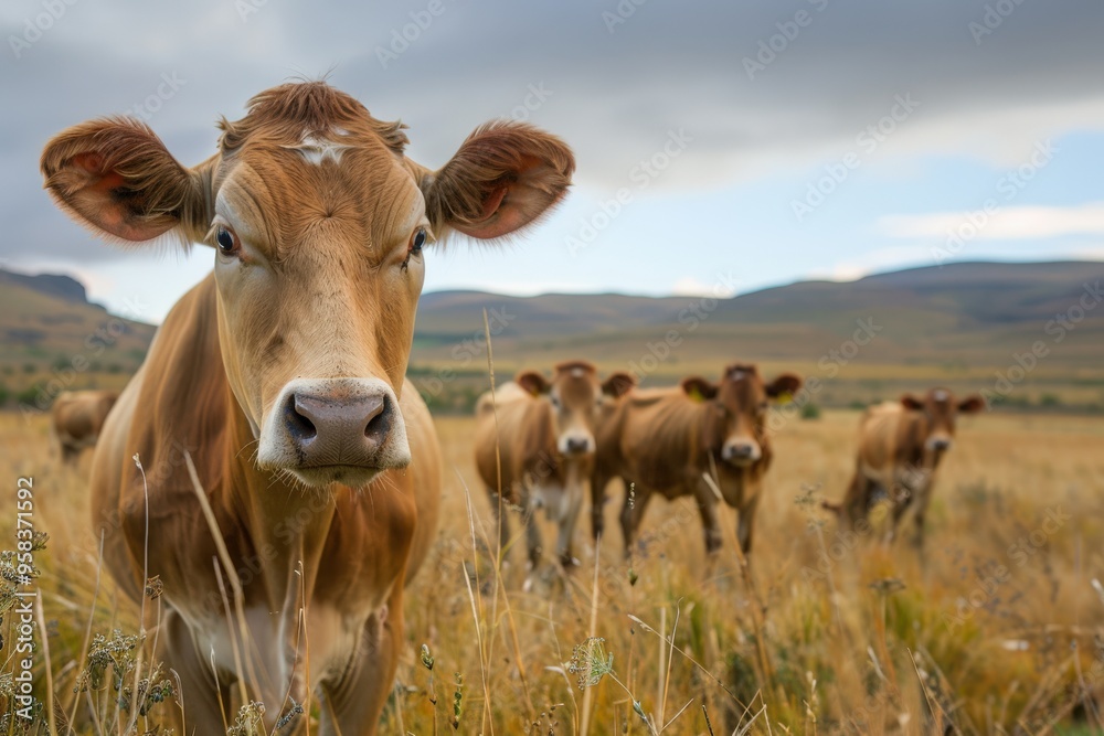Jersey Cows Grazing in South African Field: Farm Animals in Lush Brown Meadow Jersey Cows Grazing in South African Field: Farm Animals in Lush Brown Meadow