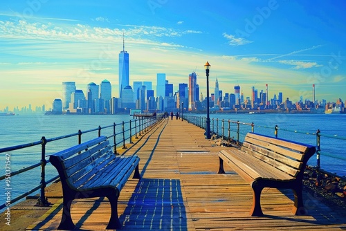 Jersey City Skyline View of Lower Manhattan with Skyscrapers and Pier photo