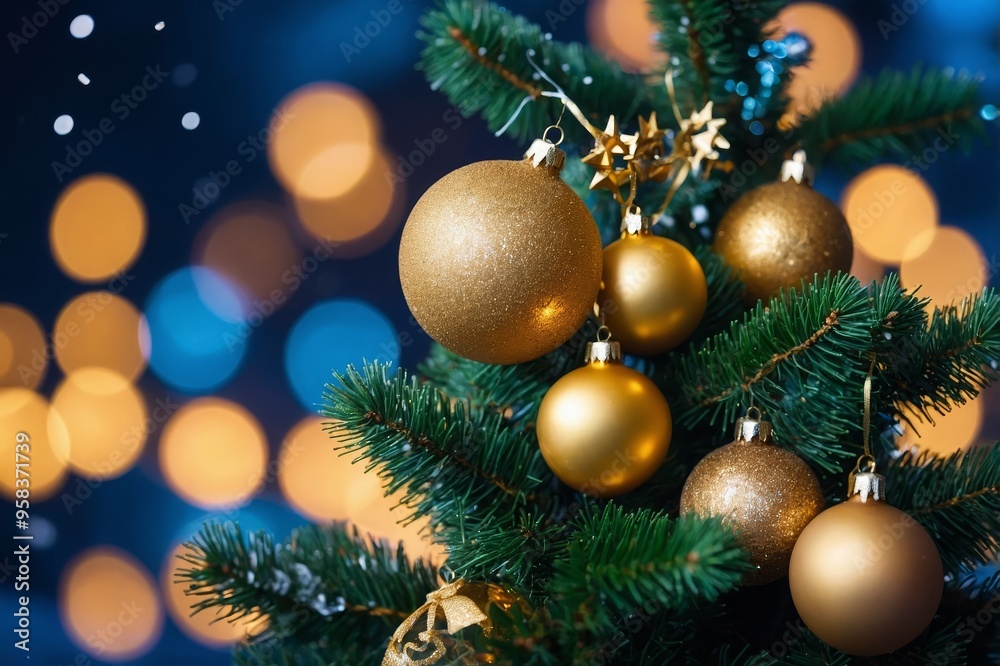 Christmas Tree With Golden Baubles And Shiny Lights In Blue Background Christmas Tree With Golden Baubles And Shiny Lights In Blue Background