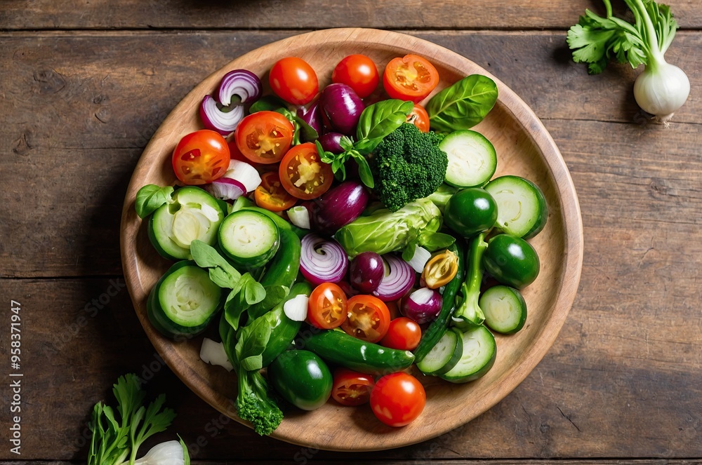 Assorted fresh vegetables including cucumbers, bell peppers, tomatoes, and greens on a white plate Assorted fresh vegetables including cucumbers, bell peppers, tomatoes, and greens on a white plate