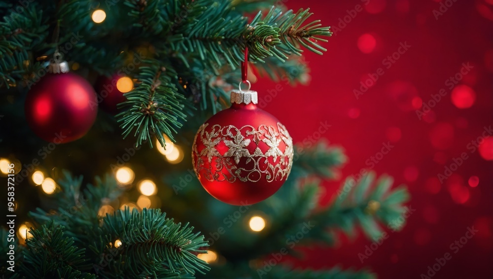 Christmas Tree With Ornament And Bokeh Lights In Red Background Christmas Tree With Ornament And Bokeh Lights In Red Background