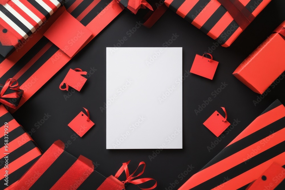 Obraz premium High contrast Black Friday mockup with blank white card on black background surrounded by stylish red and black striped gift boxes, perfect for shopping promotions