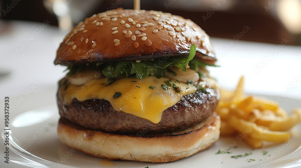 A single, perfectly cooked portobello mushroom burger topped with fresh greens and cheese on a white plate with a neutral background A single, perfectly cooked portobello mushroom burger topped with fresh greens and cheese on a white plate with a neutral background