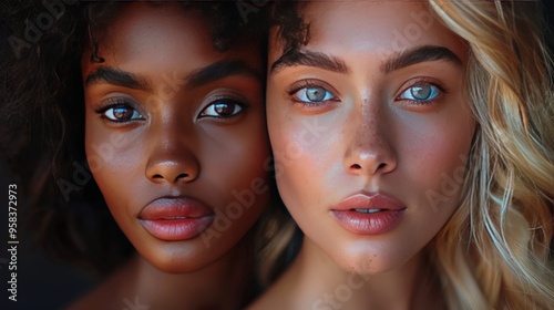 Close-up portrait of two women with different skin tones, looking directly at the camera.