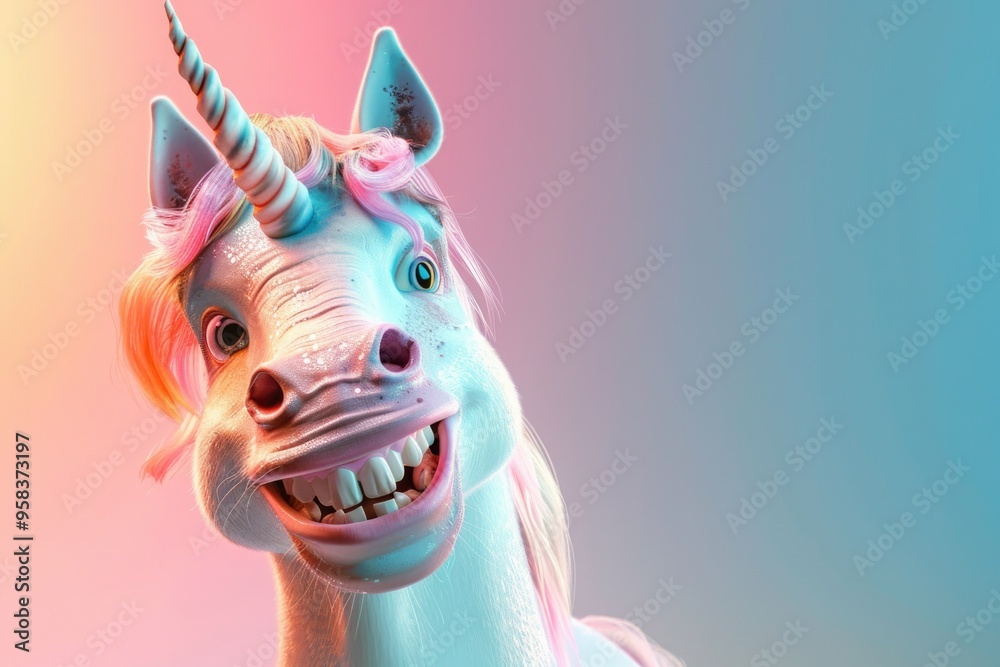 Obraz premium Cheerful 3D Animated Unicorn with Smiling Expression on Turquoise Background