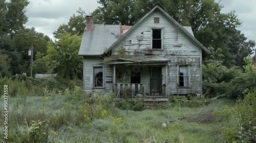 Show an old house in disrepair with broken windows and a damaged roof.