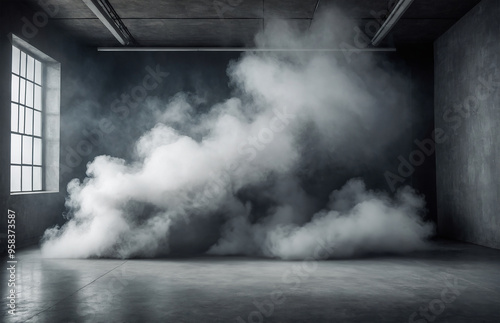 mysterious room filled with mist and fog, featuring a grey stage for product presentation