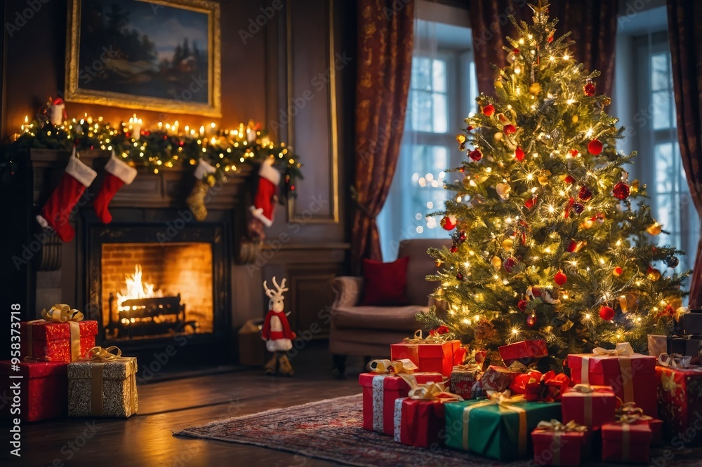 Christmas tree with toys and gifts on the background of a fireplace with fire. Magical room with the throne of Santa Claus Christmas tree with toys and gifts on the background of a fireplace with fire. Magical room with the throne of Santa Claus