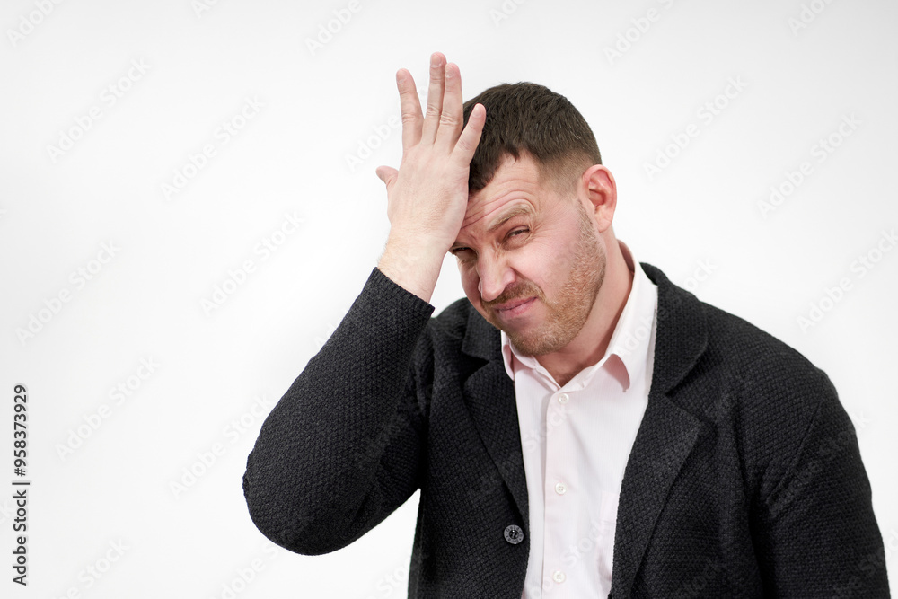 Stressed businessman with hand on the forehead over grey background with copy space, sadness and disappointed concept Stressed businessman with hand on the forehead over grey background with copy space, sadness and disappointed concept