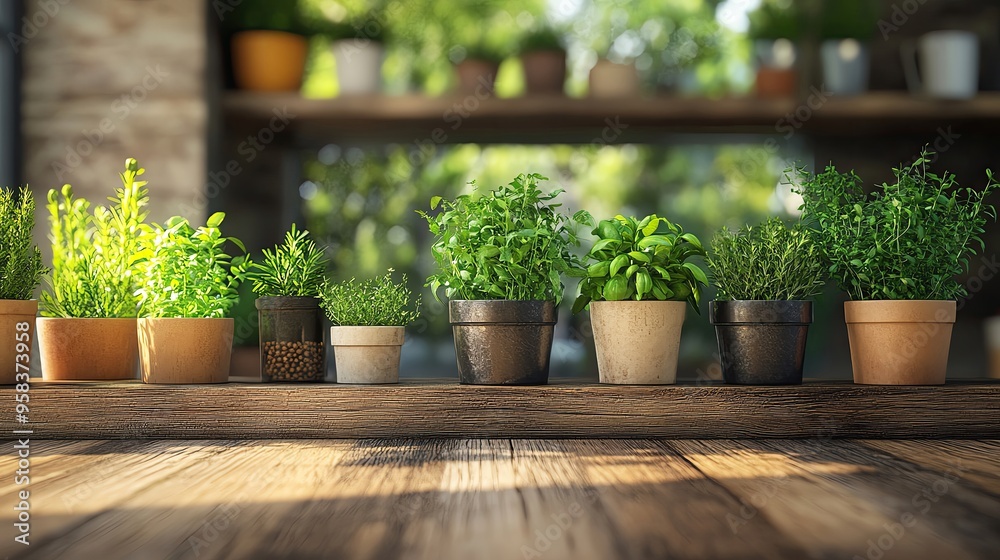 Fototapeta premium A vibrant arrangement of potted herbs and plants on a rustic wooden shelf, perfect for enhancing home decor and gardening themes.