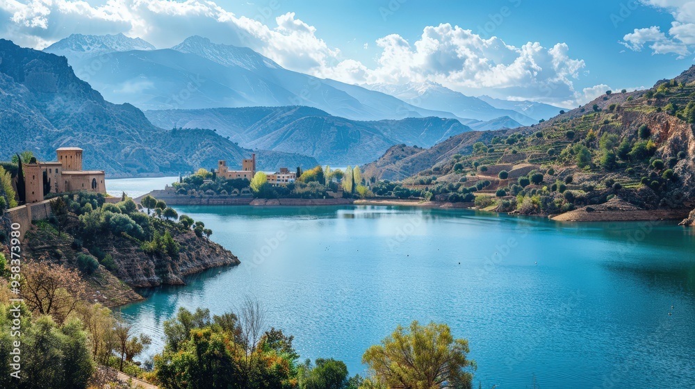 Show the breathtaking view of Lake surrounded by mountainous terrain and traditional Berber villages Show the breathtaking view of Lake surrounded by mountainous terrain and traditional Berber villages
