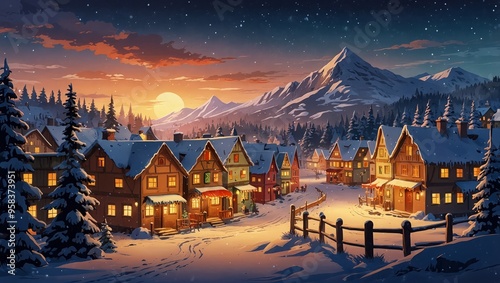 Christmas village with Snow in vintage style. Winter Village Landscape. Christmas Holidays. Christmas Card