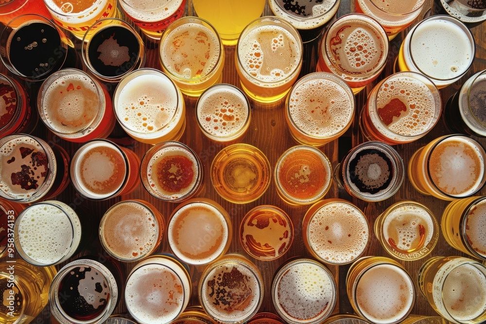 Lager Brewery: Overhead View of Full Frothy Glasses and Assortment of Ales Lager Brewery: Overhead View of Full Frothy Glasses and Assortment of Ales