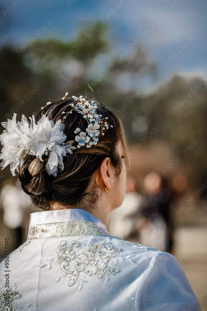Picture of traditional Korean hairstyle for festive occasions. A girl dressed in a classic ethnic dress standing outdoor, view from the back.