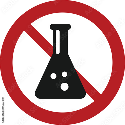 Prohibition sign with a black flask icon and red crossed circle. Use of laboratory flasks or conducting experiments not allowed