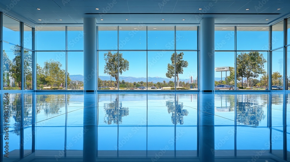 Empty polished showroom floor with reflective surface and large windows revealing clear blue sky create a luxurious and modern environment, perfect for displaying cars in marketing campaigns. Empty polished showroom floor with reflective surface and large windows revealing clear blue sky create a luxurious and modern environment, perfect for displaying cars in marketing campaigns.