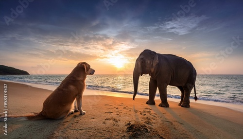 Peaceful Bonds: A Serene Evening with an Elephant and Dog at the Seaside