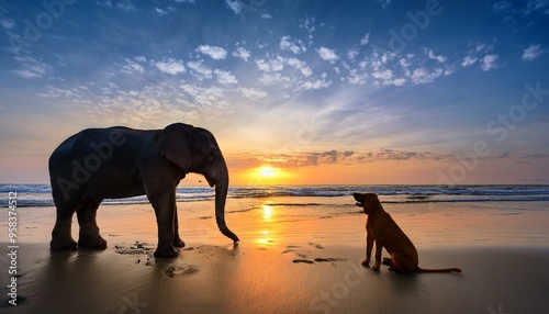 Peaceful Bonds: A Serene Evening with an Elephant and Dog at the Seaside