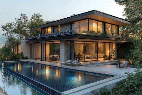 Modern house with solar panels on the roof, surrounded by trees and greenery. The exterior features large windows overlooking an outdoor pool area, creating a serene atmosphere for living or relaxing.