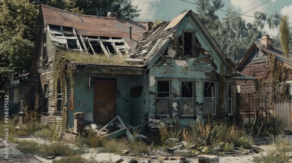 Show the remains of a house with peeling paint, shattered glass, and a partially collapsed roof Show the remains of a house with peeling paint, shattered glass, and a partially collapsed roof