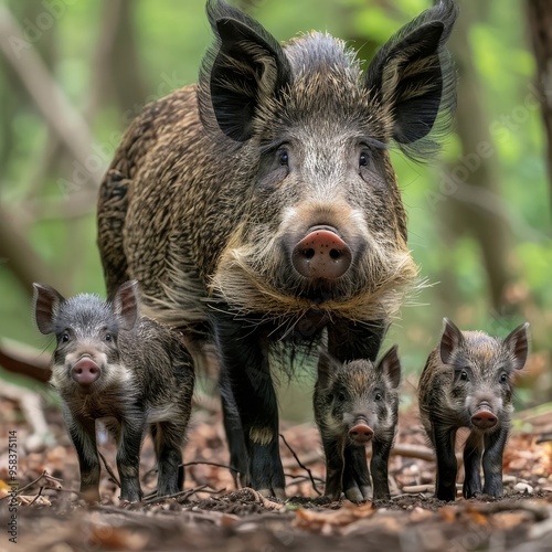 Protective Wild Boar Sow Stands Guard, Three Curious Piglets by her Side in Lush Woodland