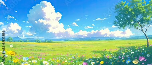 Stunning anime art of a tranquil meadow with colorful wildflowers and a clear blue sky above photo