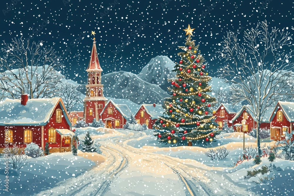Fototapeta premium Snowy Christmas Eve in a Quaint Village