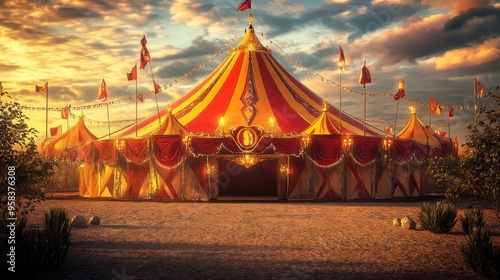 Vibrant Red and Yellow Circus Tent Featuring Magical Illumination with Dazzling Lights and Enchanting Atmosphere. Template for background, banner, card, poster